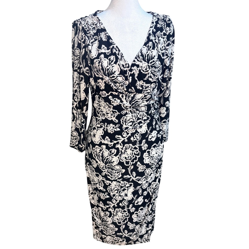Lauren Ralph Lauren Sheath Dress Womens 4 Black White‎ Excellent Floral Ruched
